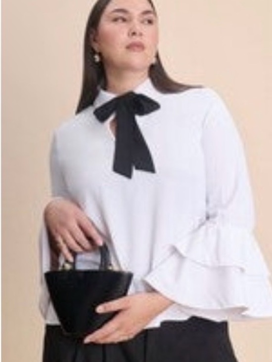 Eloquii Tops - Eloquii White Blouse with Black Bow Tie Neck